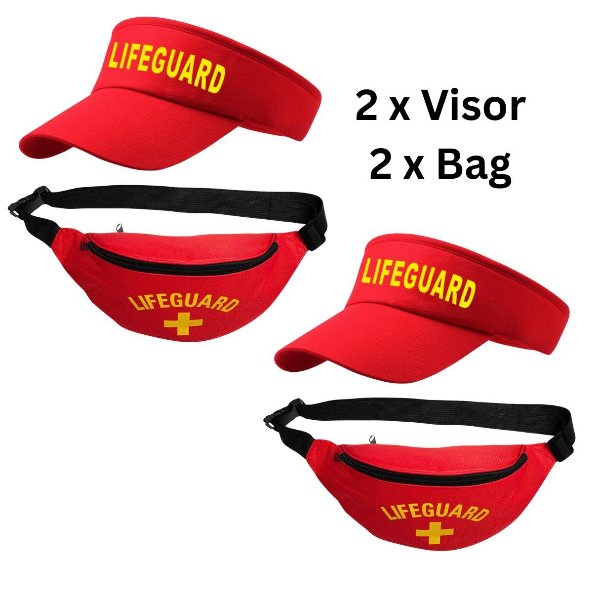 Unisex Red Lifeguard Visor Hat & Bum Bag Set